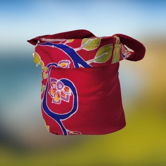 Red and Blue Hand Made Hand Painted Batik Cotton Drawstring Fabric Hobo Tote Bag - Picture 2 of 8